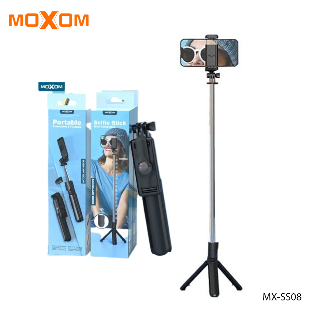 SELFIE STICK SS08 MOXOM 3 in 1 Selfie Stick with built-in remote control, it’s easy to take selfies or group photos, suitable for parties, travel, hiking, etc. Made with a comfortable phone holder and a built-in tripod The device is designed in such a way that it takes up very little space when folded Independent Bluetooth 3.0 remote control Adjustable phone stand with 360-degree rotation Non-slip support feet Selfie stick design and 2 in 1 tripod mount. FEATURES: – Materials: ABS + Stainless Steel Wireless Version: 4 Working Voltage: 3V Battery: CR1632 (120mah) Product Size: 32 x 48 x 185 = 680mm.